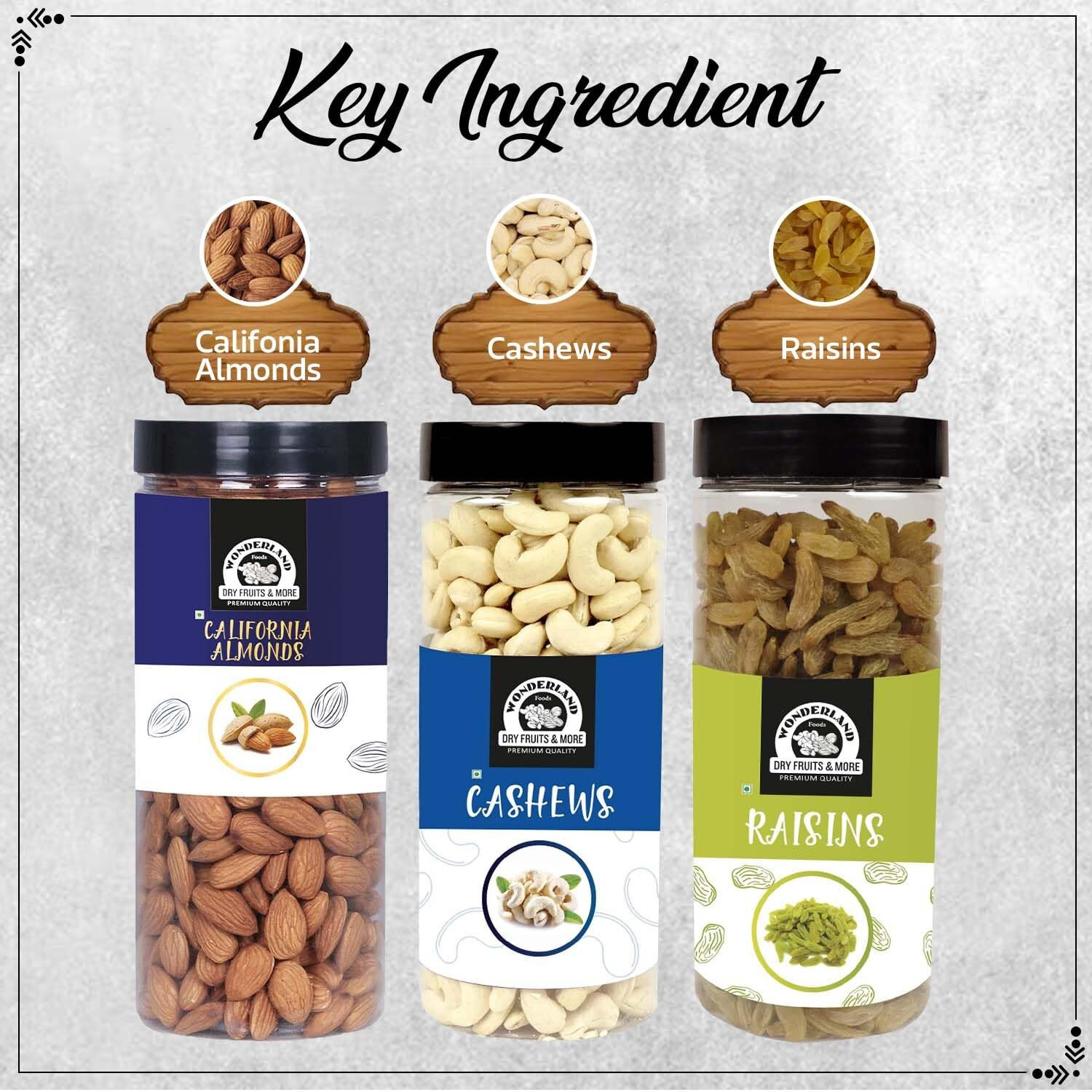 WONDERLAND FOODS (DEVICE) Healthy Dry Fruits Combo Pack 1.5Kg (500G X 3)|Almonds (Np),Cashews (W-320),Long Green Raisins Jar|Nutritious & Delicious High In Fiber & Boost Immunity