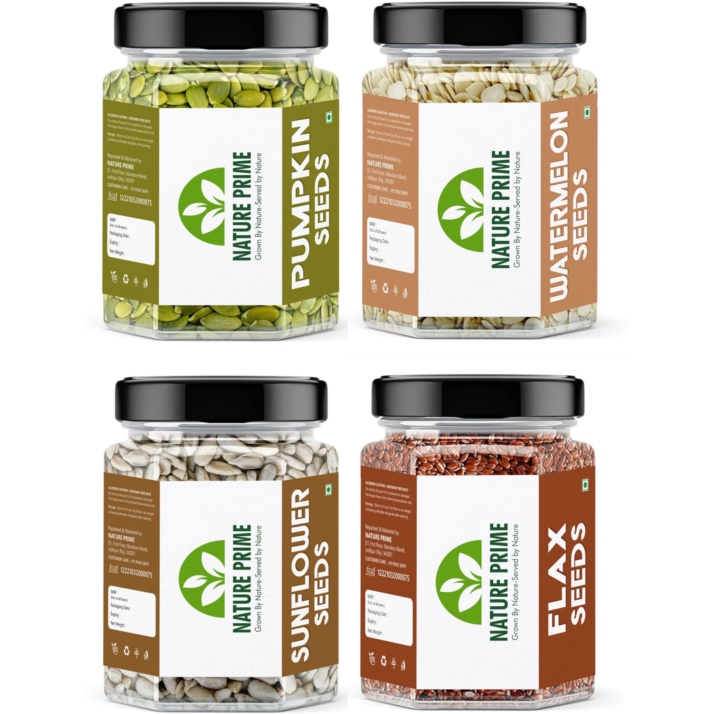 Nature Prime Raw Seeds for Eating Combo Pack - 1kg (Pumpkin Seeds, Flax Seeds, Watermelon Seeds, Sunflower Seeds - 250gm Each, Pack of 4) Jar Pack (250g*4)