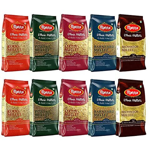 Manna Millets 5Kg Combo Pack of 5 (with Browntop), Unpolished Millets, Siridhanya,Certified Low GI, Browntop 1kg, Little 1kg, Kodo 1kg, Foxtail 1kg, Barnyard 1kg. Natural Grains