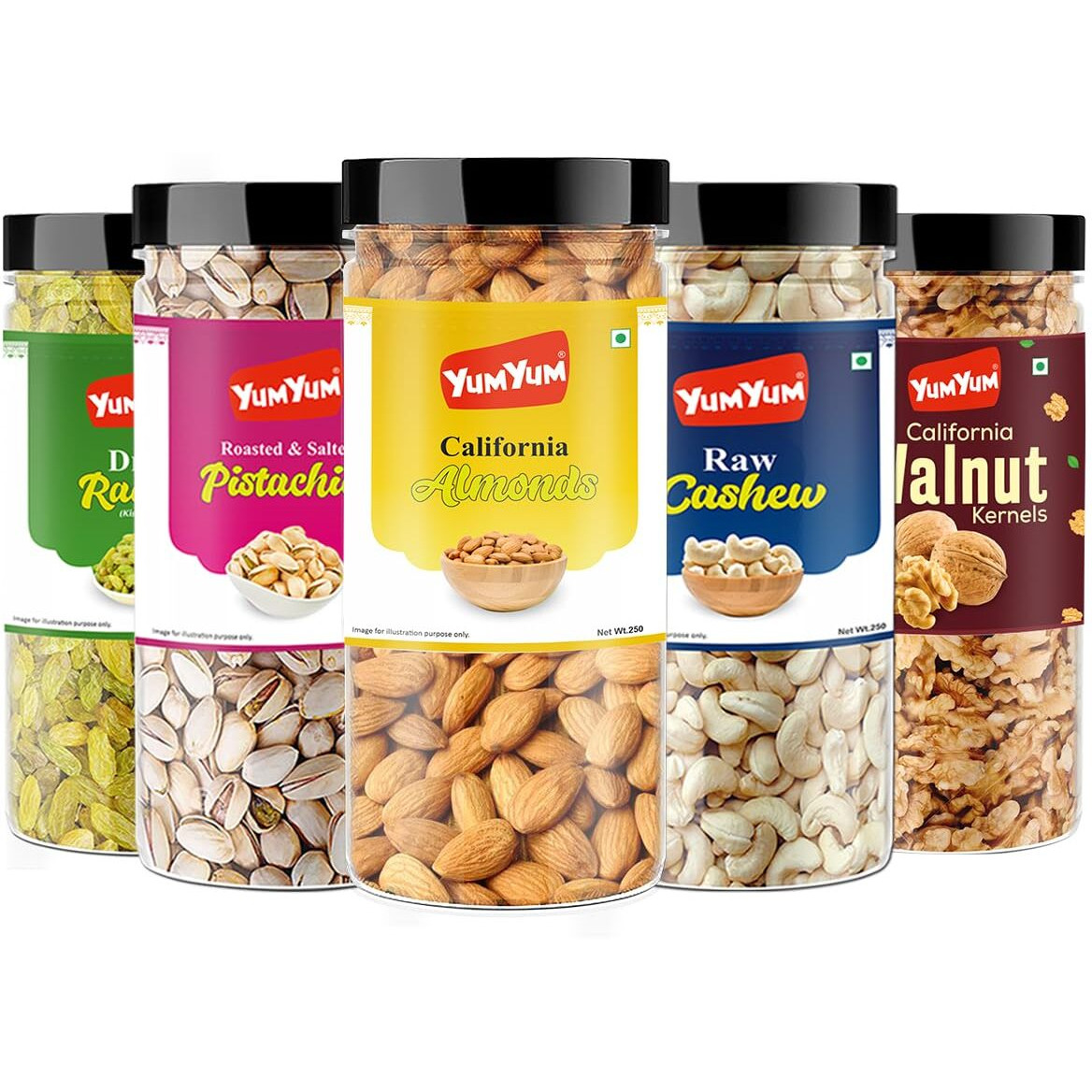 YUM YUM Dry fruits combo pack of 5 Healthy Badam, Kaju, Pista, Kishmish, Akhrot 1.25 KG- Almonds, Cashews, Pistachios, Raisins, Walnuts