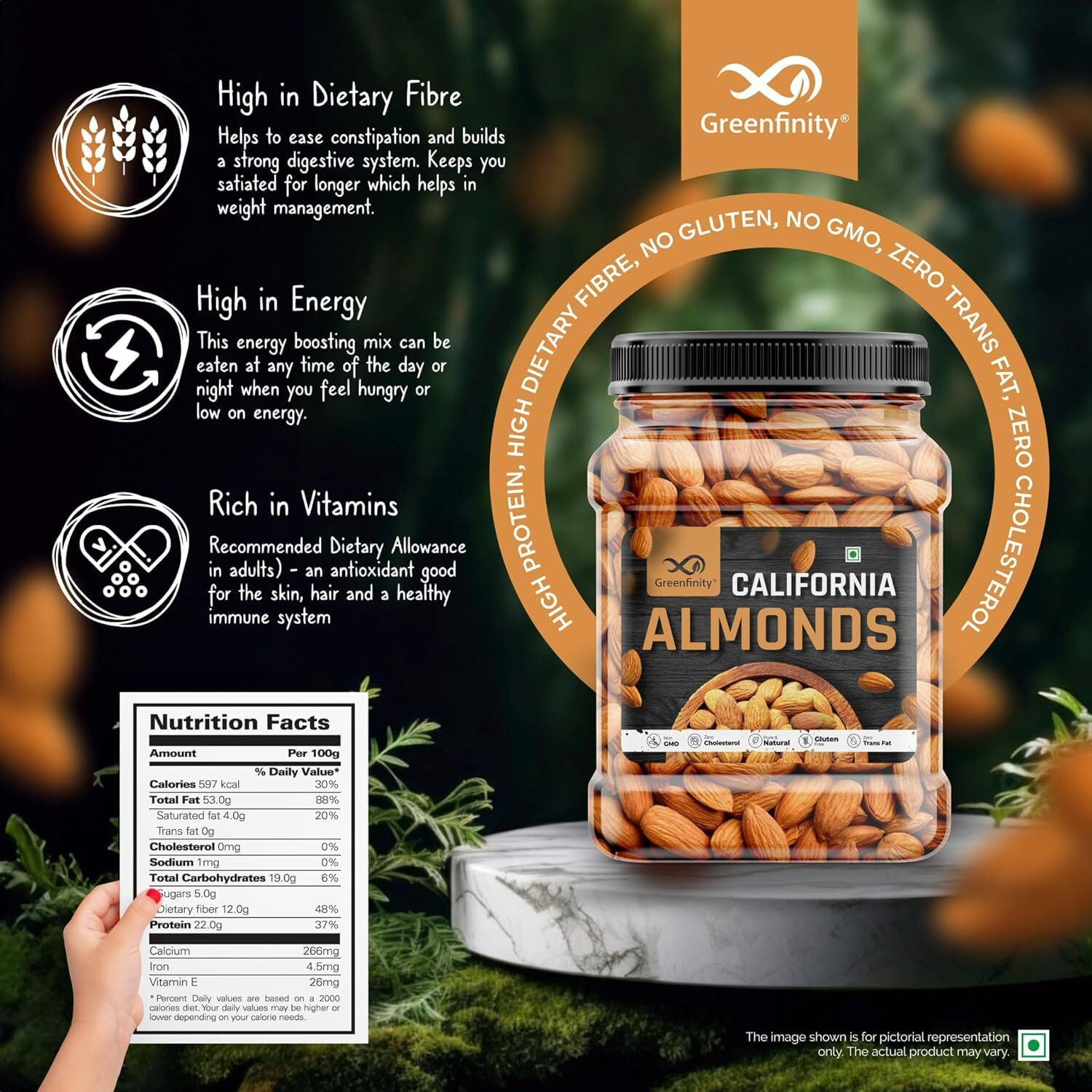 GreenFinity Fresh Almonds 500gm | Badam | Healthy and Tasty Dry Fruits Delicious Snacks