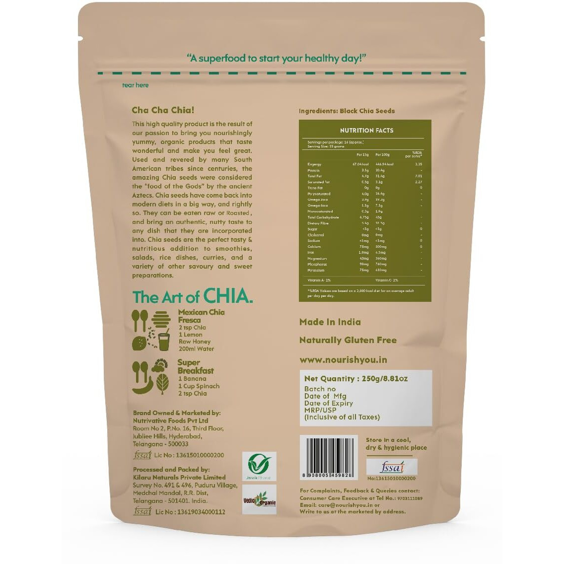 Nourish You Chia Seeds 250g - 100% Clean Chia Seeds for Eating | Certified Organic | Seeds for Weight Management | Rich in Calcium, Protein & Fiber, Omega 3 and Antioxidant | Healthy Snacks