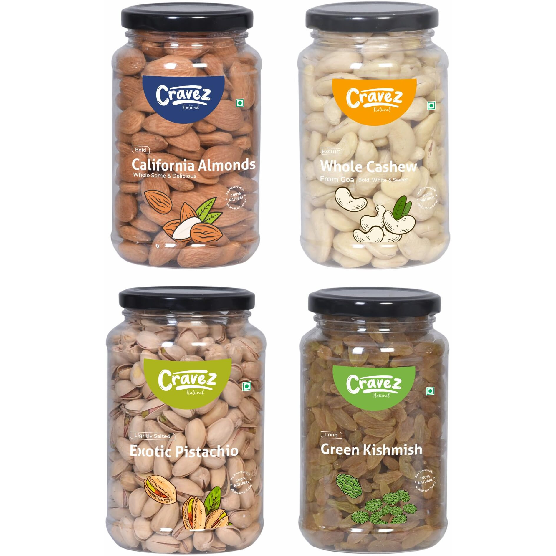 cravez Mix Dry Fruit-1Kg California Almonds, Whole Cashews, Green Kishmish, Exotic Pistachios|High In Fiber & Boost Immunity|Rich In Protein|Healthy Nut-Dry Fruits Combo Pack Of 4 (250 Gm Each)