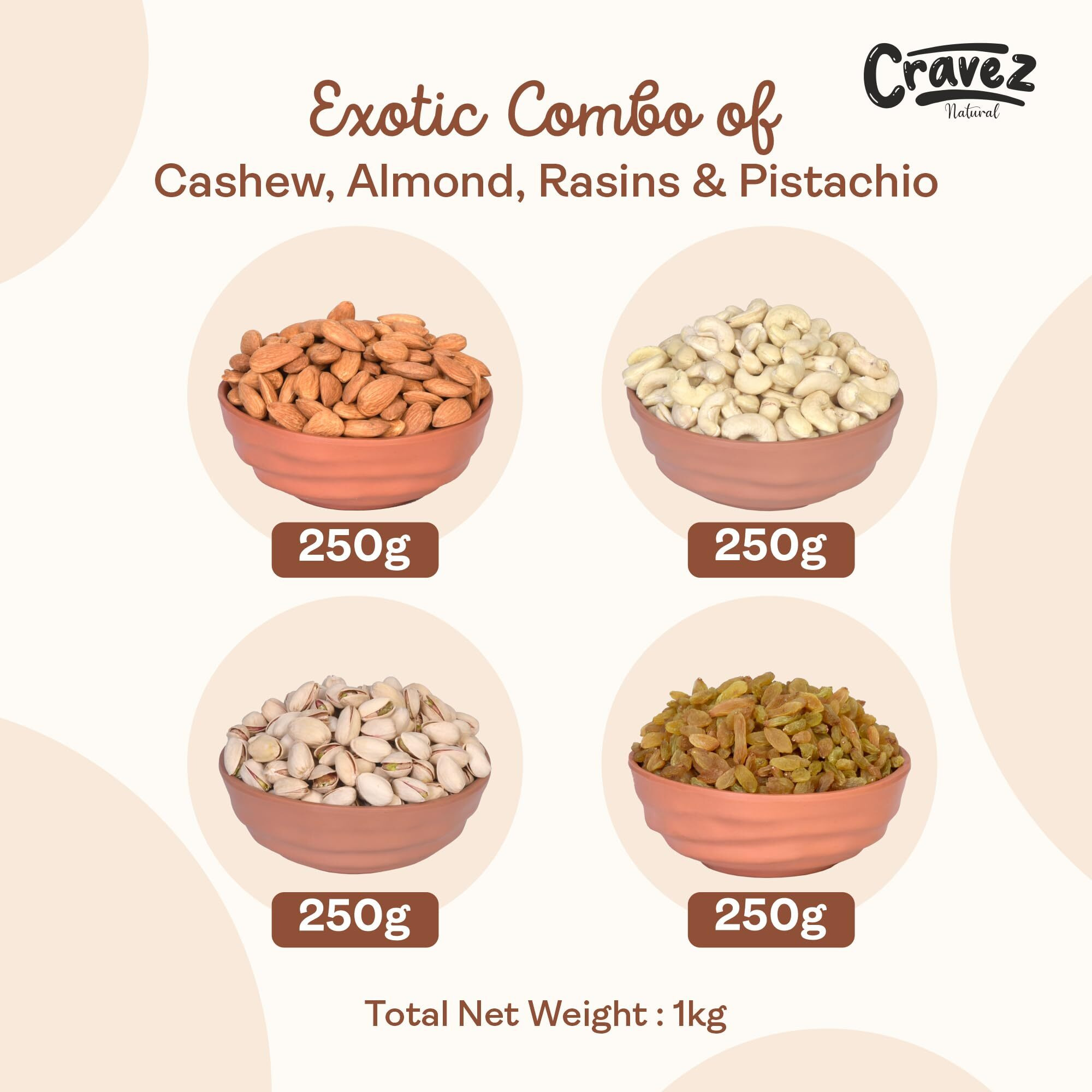 cravez Mix Dry Fruit-1Kg California Almonds, Whole Cashews, Green Kishmish, Exotic Pistachios|High In Fiber & Boost Immunity|Rich In Protein|Healthy Nut-Dry Fruits Combo Pack Of 4 (250 Gm Each)
