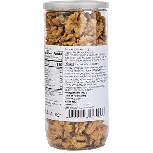 Lagom Gourmet Chilean Walnut Kernels 400g | All Natural | No Preservatives | No Additives | Gluten Free | Vegan | Plant Based | Non GMO | Walnuts Dry Fruit | Walnuts Without Shell | Akhrot Giri