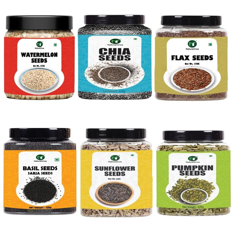 NatureOnus All Raw Seeds Combo Pack of 6- 750g | Chia, Pumpkin, Sunflower, Flax, Watermelon & Basil Seeds 125g Each | Seeds Mix Superfoods for Eating Rich in Antioxidants Vitamins & Minerals