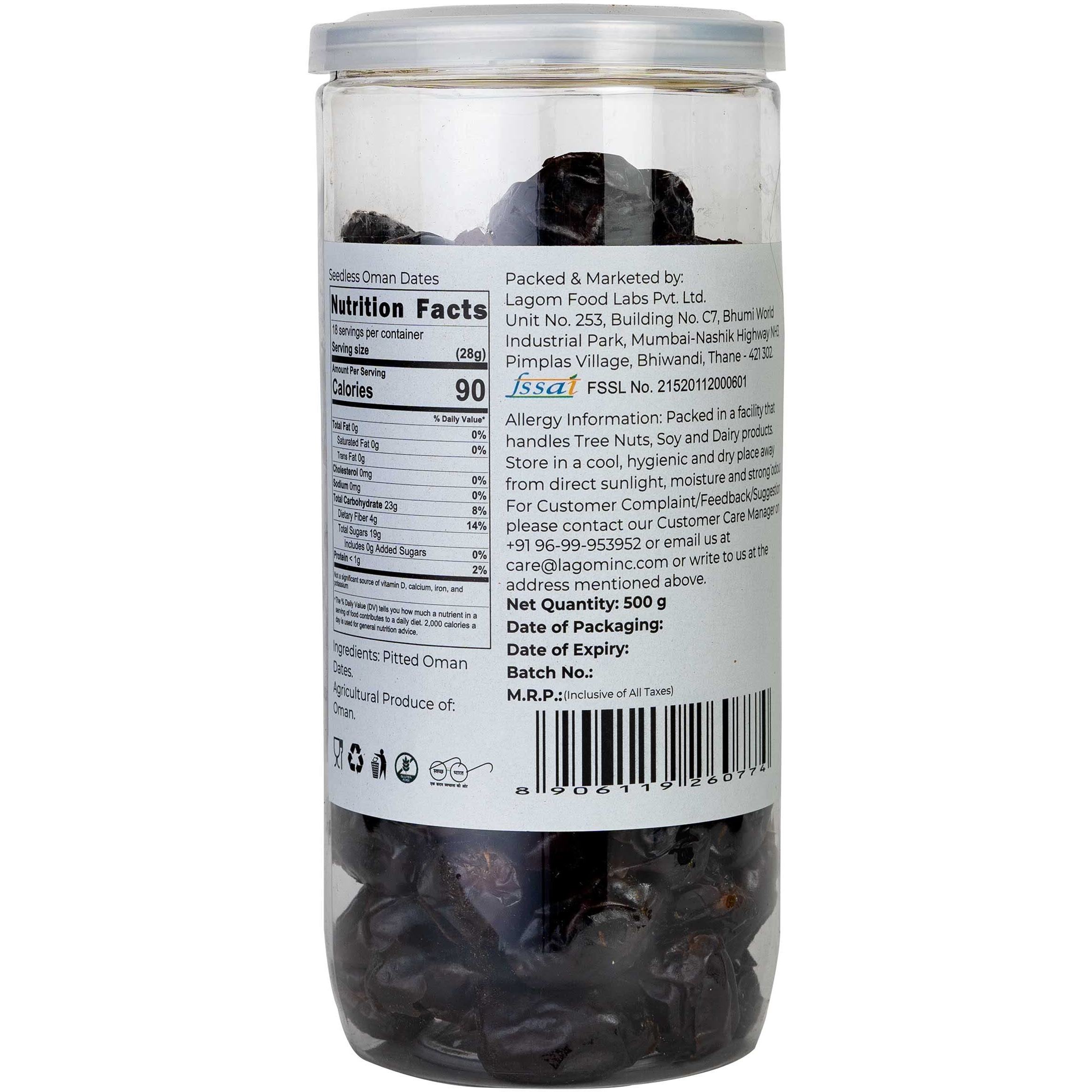 Lagom Gourmet Seedless Omani Dates 500g | All Natural | No Preservatives | No Added Sugar | Gluten Free | Vegan | Plant Based | Non GMO | Dates Dry Fruits | Khajur | Khajoor | Khejur