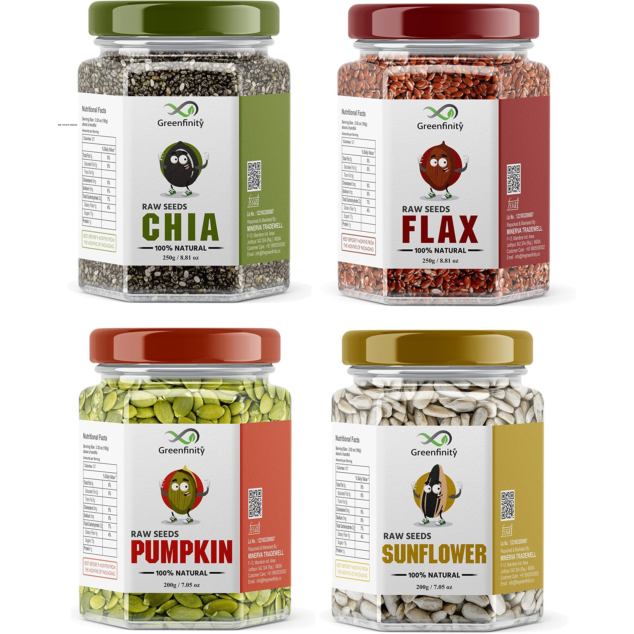 GreenFinity Raw Pumpkin - 200g, Sunflower - 200g, Flax - 250g, Chia Seeds - 250g | Immunity Combo | All Premium.