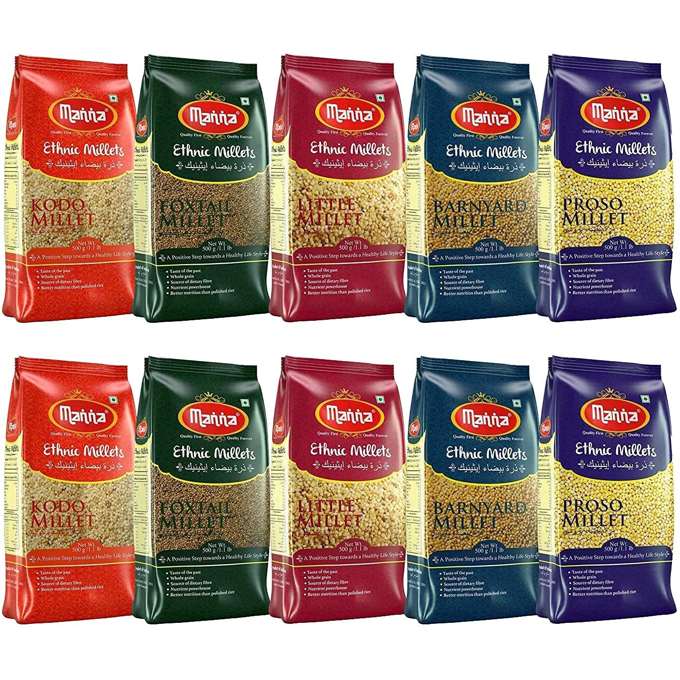 Manna Millets 5Kg Combo Pack of 5, Unpolished Millets, Siridhanya,Certified Low GI, Little 1kg, Kodo 1kg, Foxtail 1kg, Proso 1kg, Barnyard 1kg. Natural Grains 500g(Pack of 10)