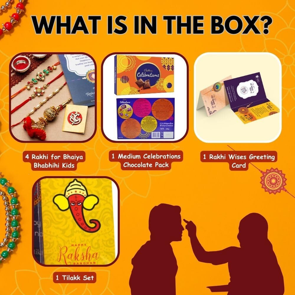 Rakhi for brother with chocolate Gifts Combo Set, Cadbury Rakshabandhan Bhai Bhabhi Hamper Greeting Card, Set of 4 Rakhi