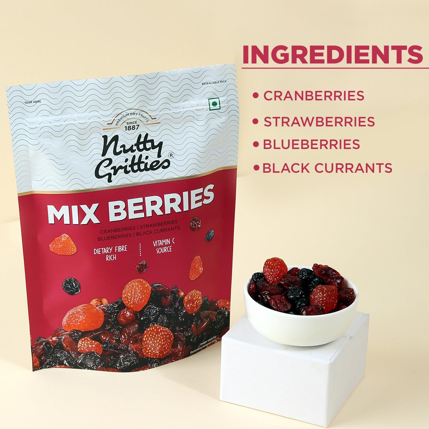 Nutty Gritties Premium Mix Berries 200g - Dried Cranberries, Blueberries, Strawberries, Black Currants | Antioxidant Rich | Healthy Snack for Kids and Adults