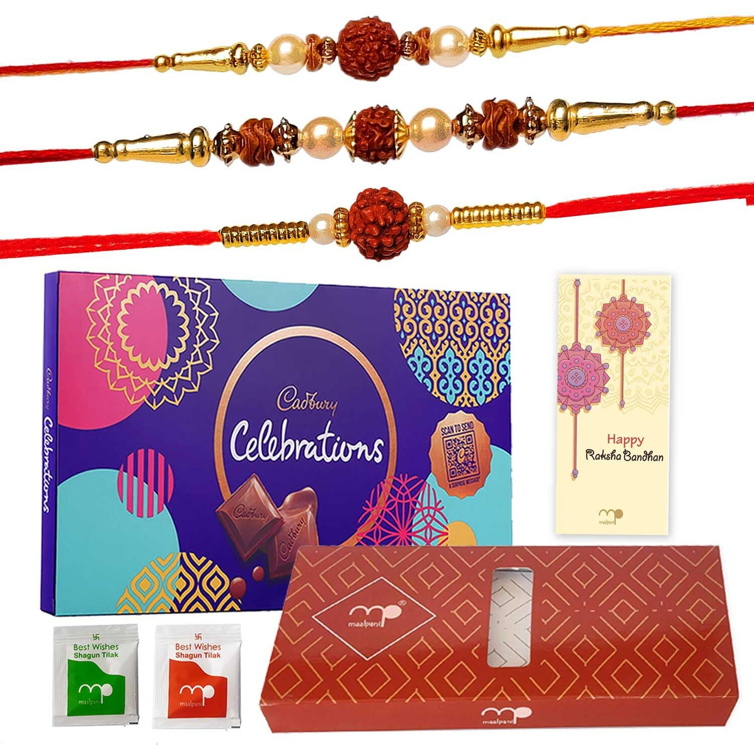 Maalpani Rakhi Chocolate Combo - Celebration - Set of 3 Rudraksh Rakhi for Brother Small Multicolor