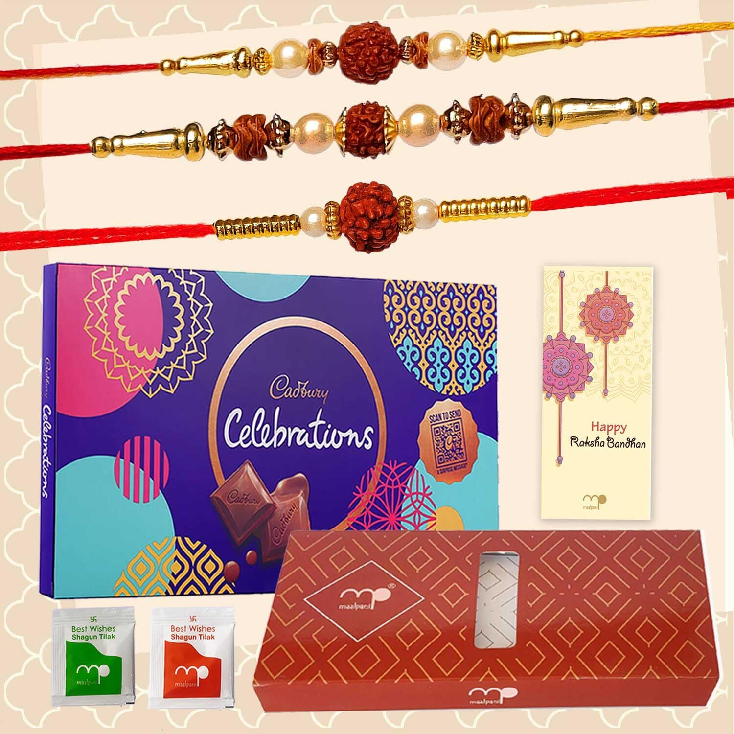 Maalpani Rakhi Chocolate Combo - Celebration - Set of 3 Rudraksh Rakhi for Brother Small Multicolor