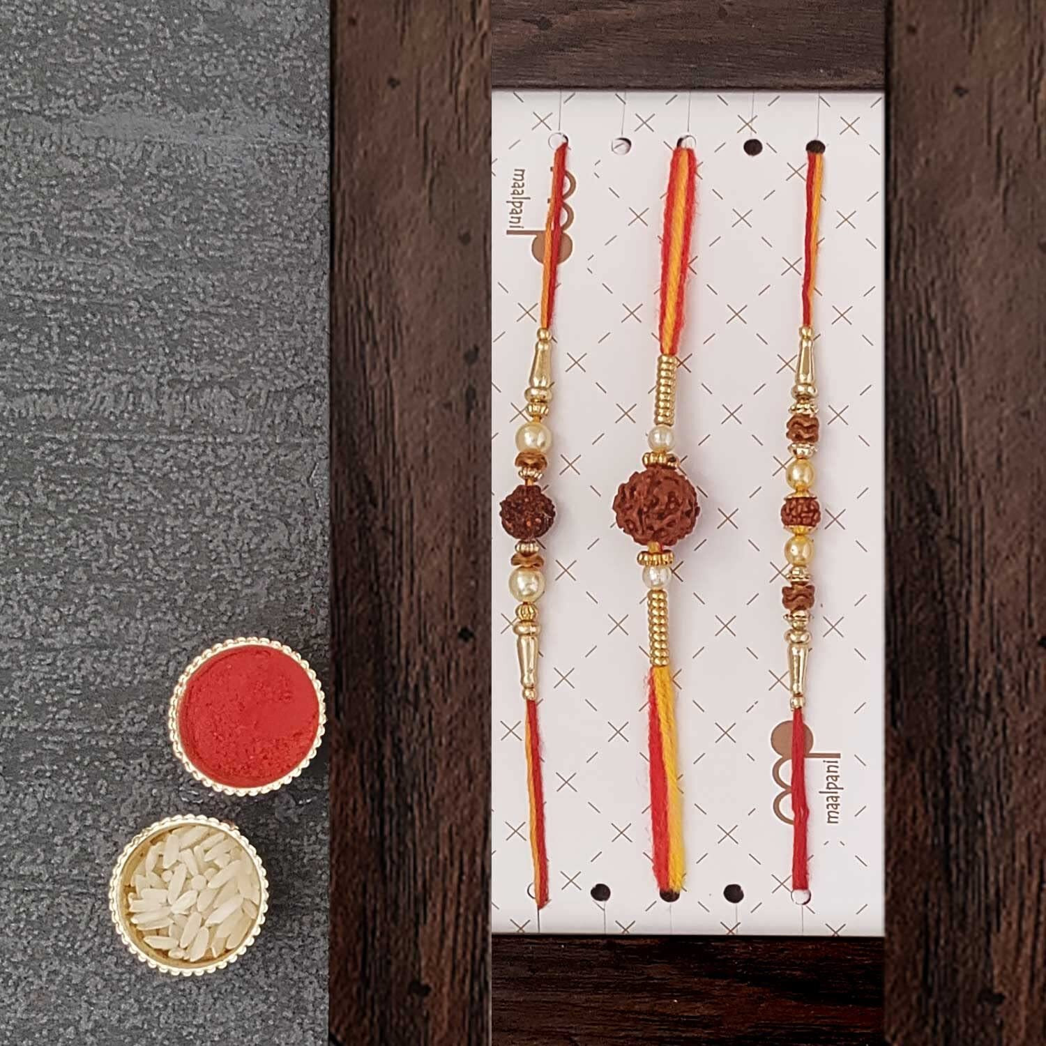 Maalpani Rakhi Chocolate Combo - Celebration - Set of 3 Rudraksh Rakhi for Brother Small Multicolor