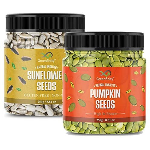 GreenFinity Raw Pumpkin, Sunflower Seeds for Eating Protein and Fibre Rich Food For Immunity Booster Diet Food Pack of 2-250g (JAR Pack)