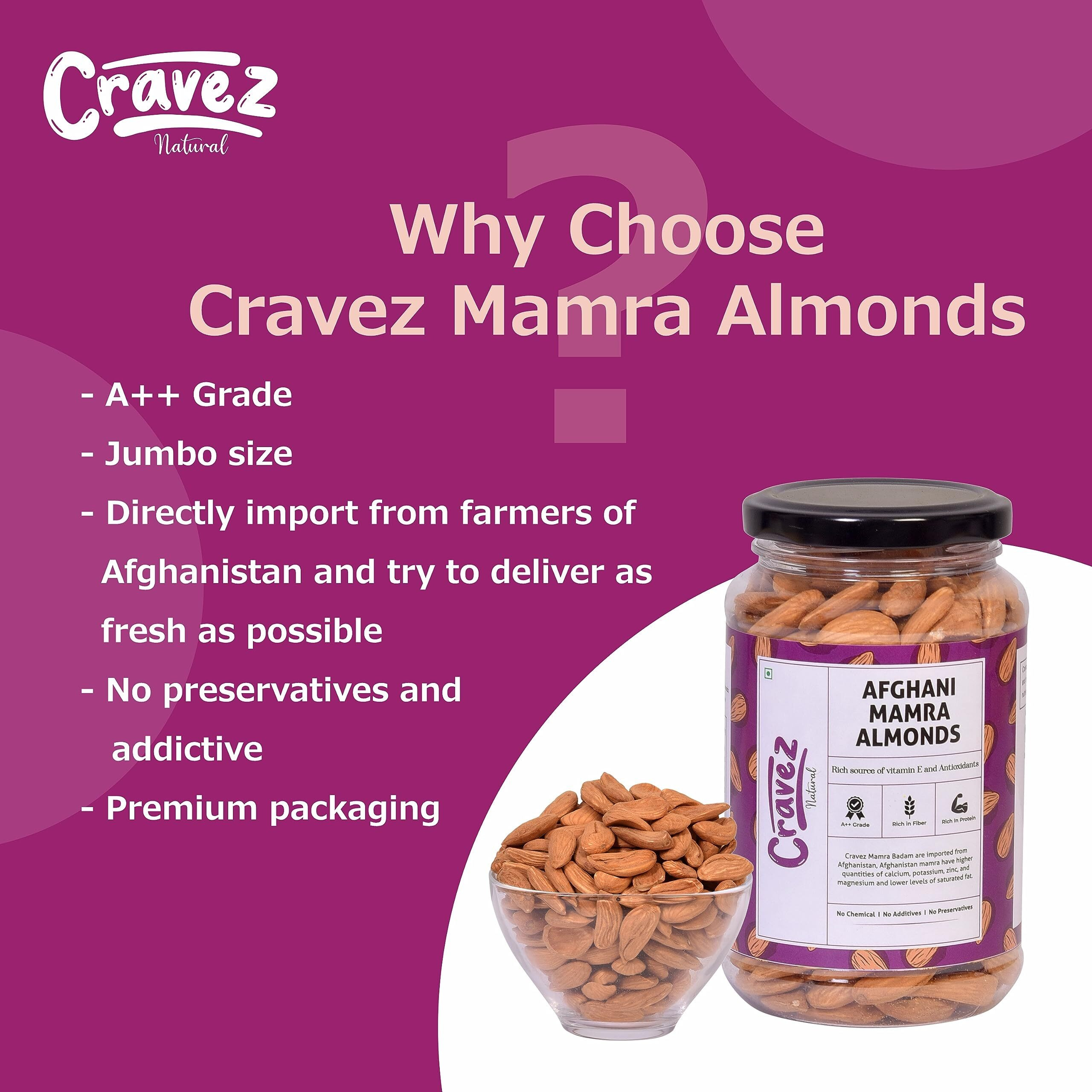 Cravez Natural Almonds Mamra -500 Gm (Grade A ++ Nuts, Premium,Rich In Oil, Imported) Rich Natural Source of Vitamins, Magnesium & Protien | Special Mamra Badam Giri | Packed In Reusable Premium Jar