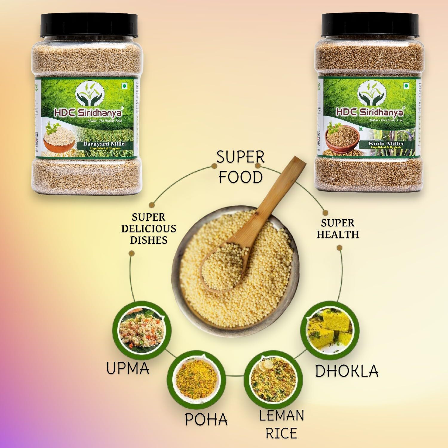 HDC Siridhanya Unpolished And Organic Millets Combo Pack Of 5 [Kodo, Foxtail, Barnyard, Little And Proso Millets, Each Millet 900Gm Packed In Jar] Organically Grown From Andhra Pradesh