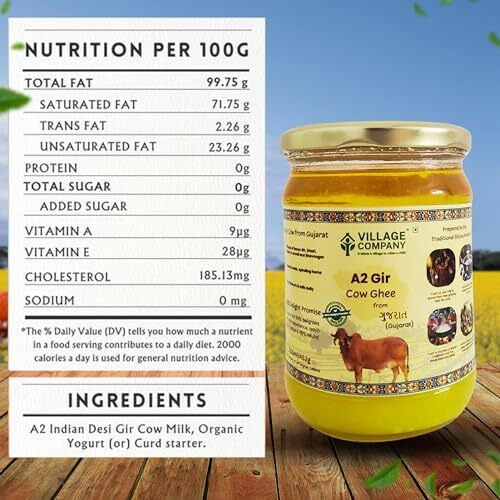 Village Company A2 Cow Desi Ghee 500ML | Gir Ghee Vedic Bilona Method | Organic Pure Natural | Two Way Curd Churned - Best Farm Fresh Grass Fed Cattle Milk | India Lab Certified | Glass Jar Half Litre