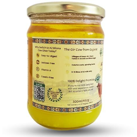 Village Company A2 Cow Desi Ghee 500ML | Gir Ghee Vedic Bilona Method | Organic Pure Natural | Two Way Curd Churned - Best Farm Fresh Grass Fed Cattle Milk | India Lab Certified | Glass Jar Half Litre