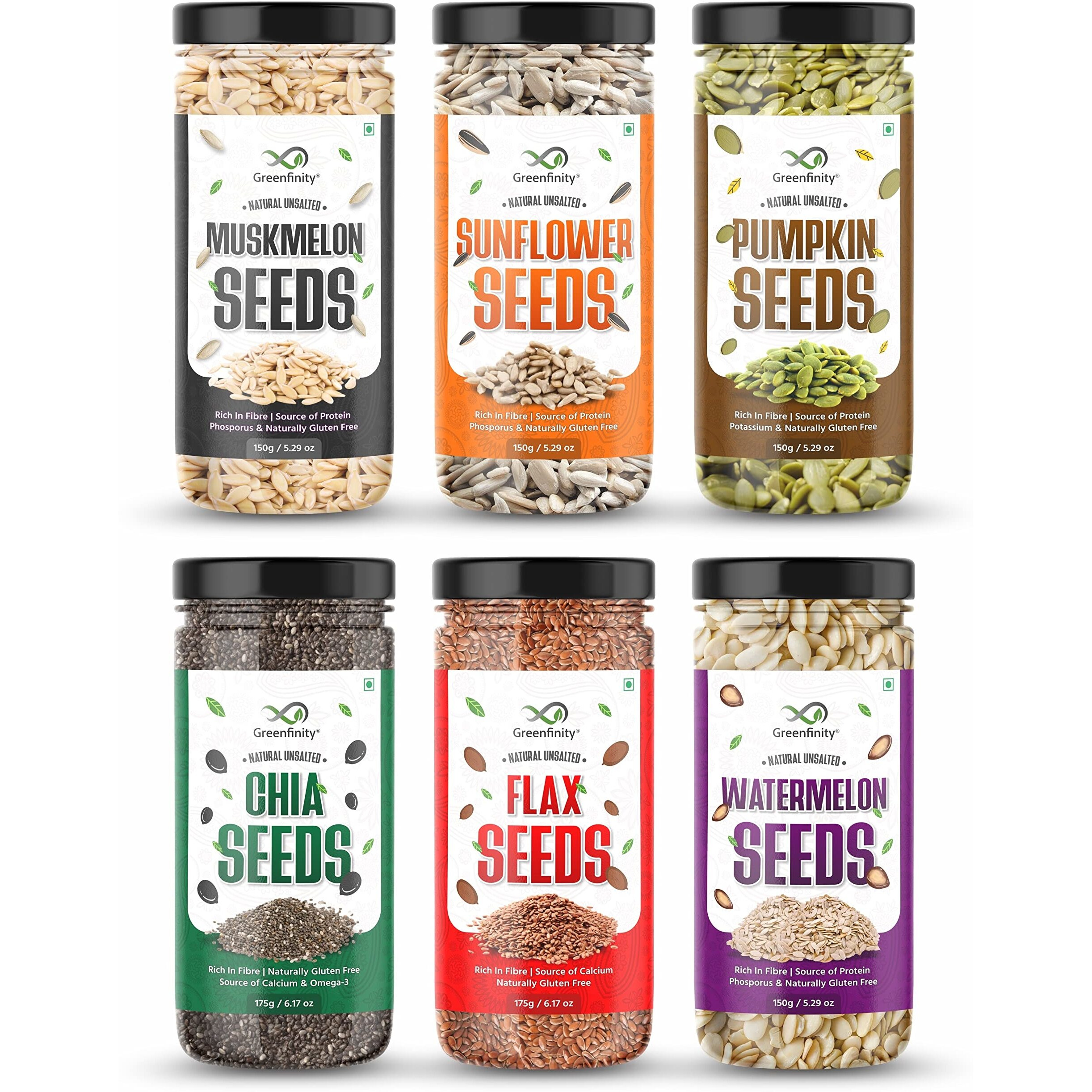 GreenFinity Raw Seed Combo Chia Seeds, Flax Seeds, Pumpkin Seeds, Sunflower Seeds, Watermelon Seeds & Muskmelon Seeds With Omega 3, Zinc, Fiber, Calcium, Protein - 950g (Pack of 6)