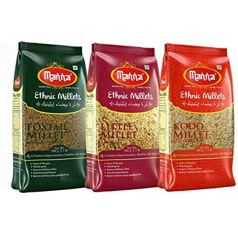 Manna Millets 1.5Kg Combo Pack of 3, Unpolished Millets, Siridhanya,Certified Low GI, Foxtail 500g, Kodo 500g, Little 500g. Natural Grains