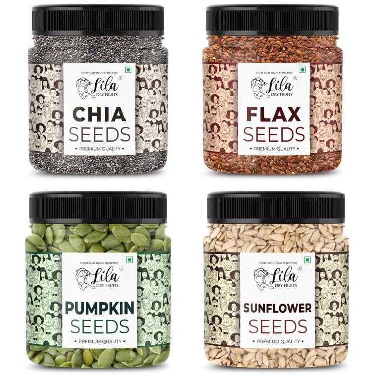 LILA DRY FRUITS 4 Superseed Combo (Chia, Pumpkin, Sunflower & Flax) 100gms each (400gms total) Jar Pack |Immunity combo for Weight Loss | Mix Seeds for Eating | Diet Snacks | Superfood
