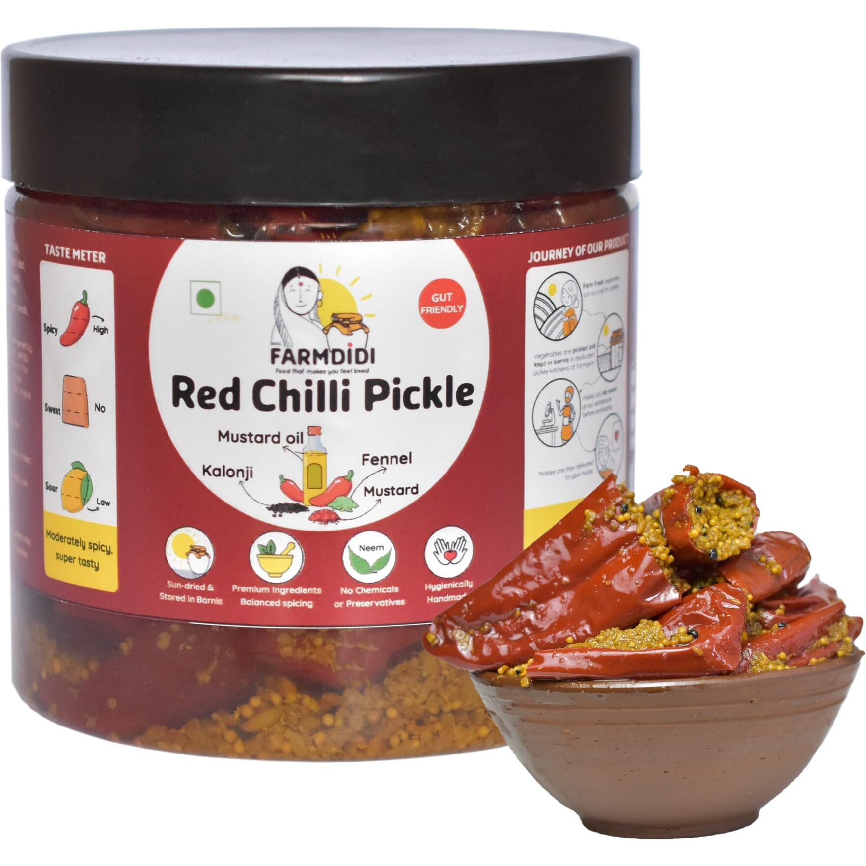 FarmDidi Stuffed Red Chilli Pickle in fresh Mustard Oil | Lal Mirch ka Achar 325g | Bharwa mirchi ka achar | Banarasi Red Chilli Pickle | No garlic Stuffed Red Chilli Pickles | Traditional Recipe