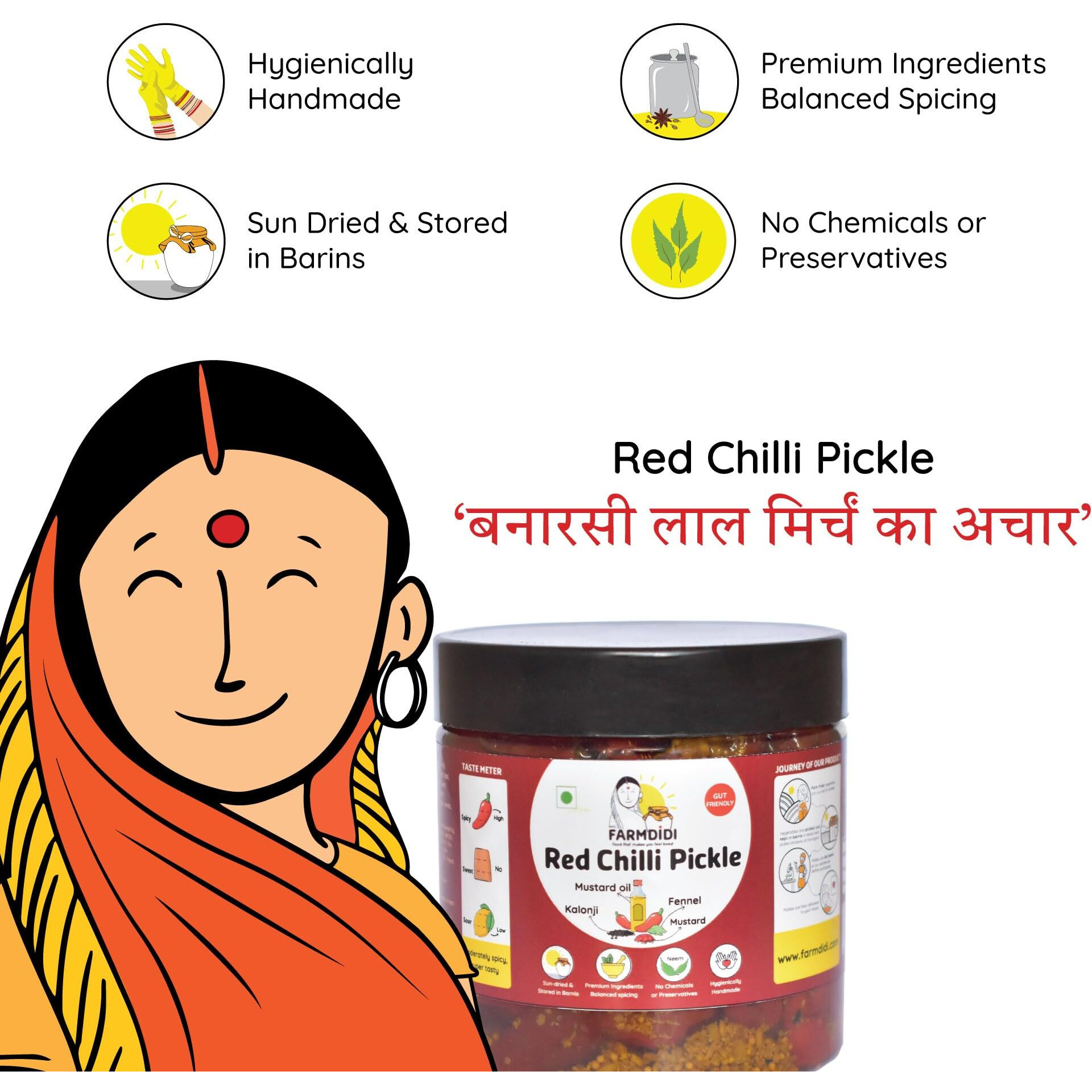 FarmDidi Stuffed Red Chilli Pickle in fresh Mustard Oil | Lal Mirch ka Achar 325g | Bharwa mirchi ka achar | Banarasi Red Chilli Pickle | No garlic Stuffed Red Chilli Pickles | Traditional Recipe