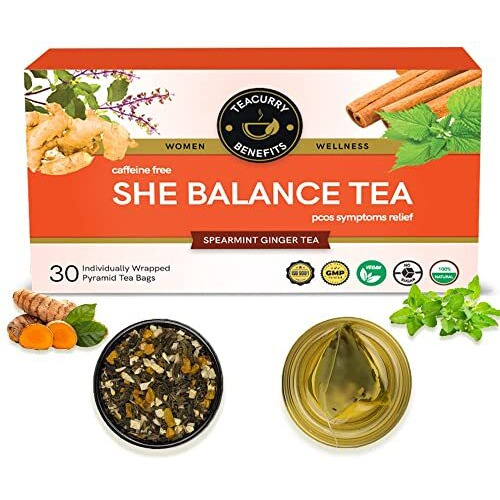 TEACURRY Pcos Tea (1 Month Pack, 30 Tea Bags) - Helps With Hormone, Period And Weight - Pcos Pcod Tea - She Balance Ginger Tea, 60 Gms