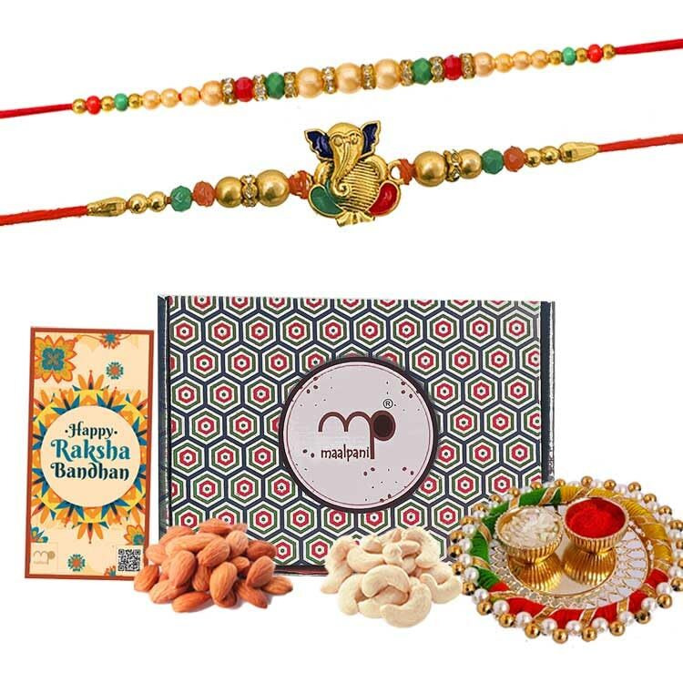 Maalpani Rakhi Dry Fruit Hamper - Rakhi Gift Set of 2 Auspicious Rakhi with Dryfruits - Om Rakhi and Dry Fruits Basket for Brother