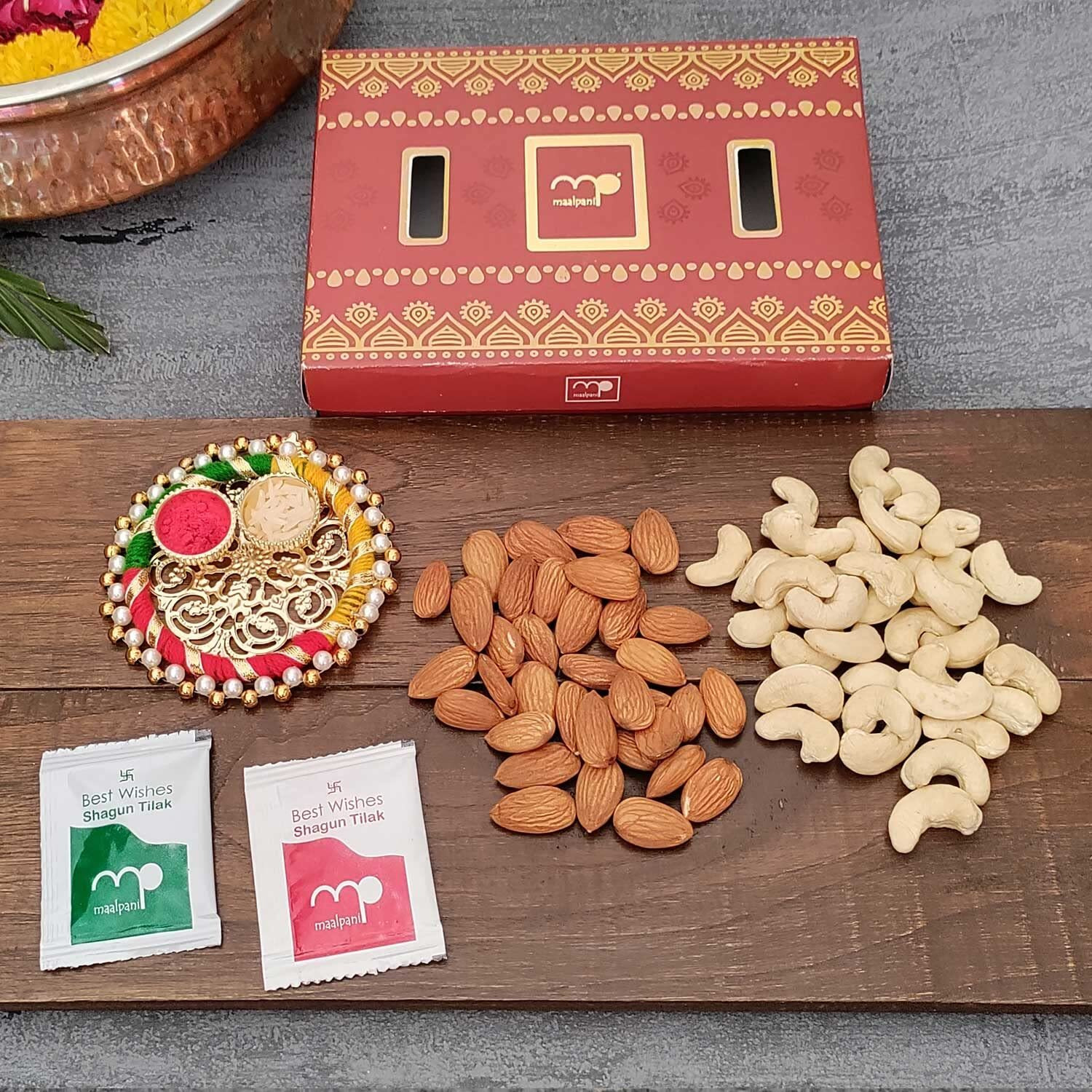 Maalpani Rakhi Dry Fruit Hamper - Rakhi Gift Set of 2 Auspicious Rakhi with Dryfruits - Om Rakhi and Dry Fruits Basket for Brother