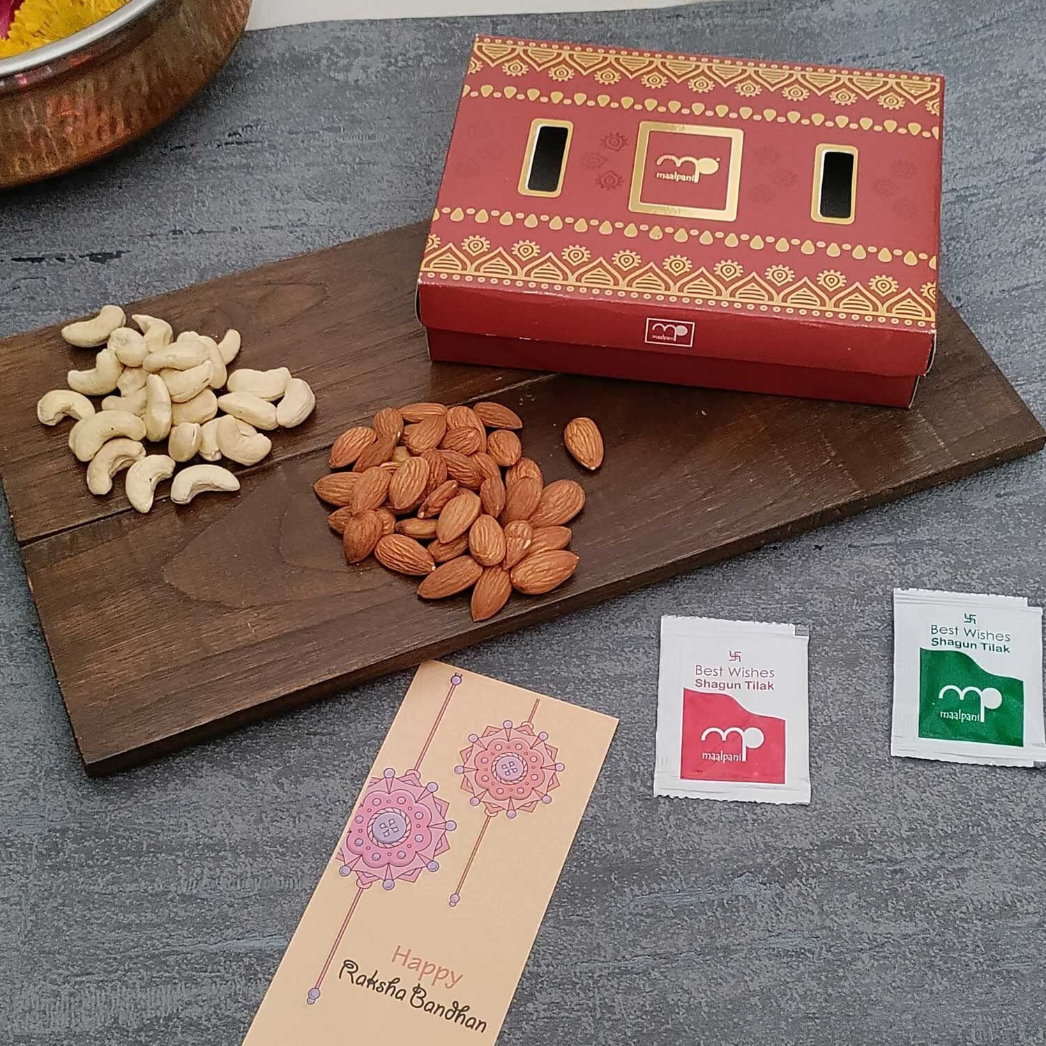 Maalpani Rakhi Dry Fruit Hamper - Rakhi Gift Set of 2 Auspicious Rakhi with Dryfruits - Om Rakhi and Dry Fruits Basket for Brother