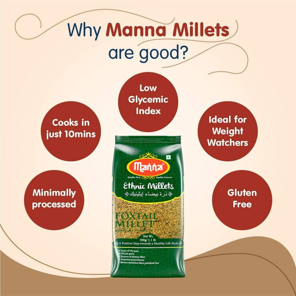 Manna Foxtail Millet (unpolished) 1Kg Natural Grains - (Kaon/Kang/Kangni/Kakum/Navani/korralu/Korra/Thinai) | Native Low GI Millet Rice | High Protein & 100% More Fibre than Rice