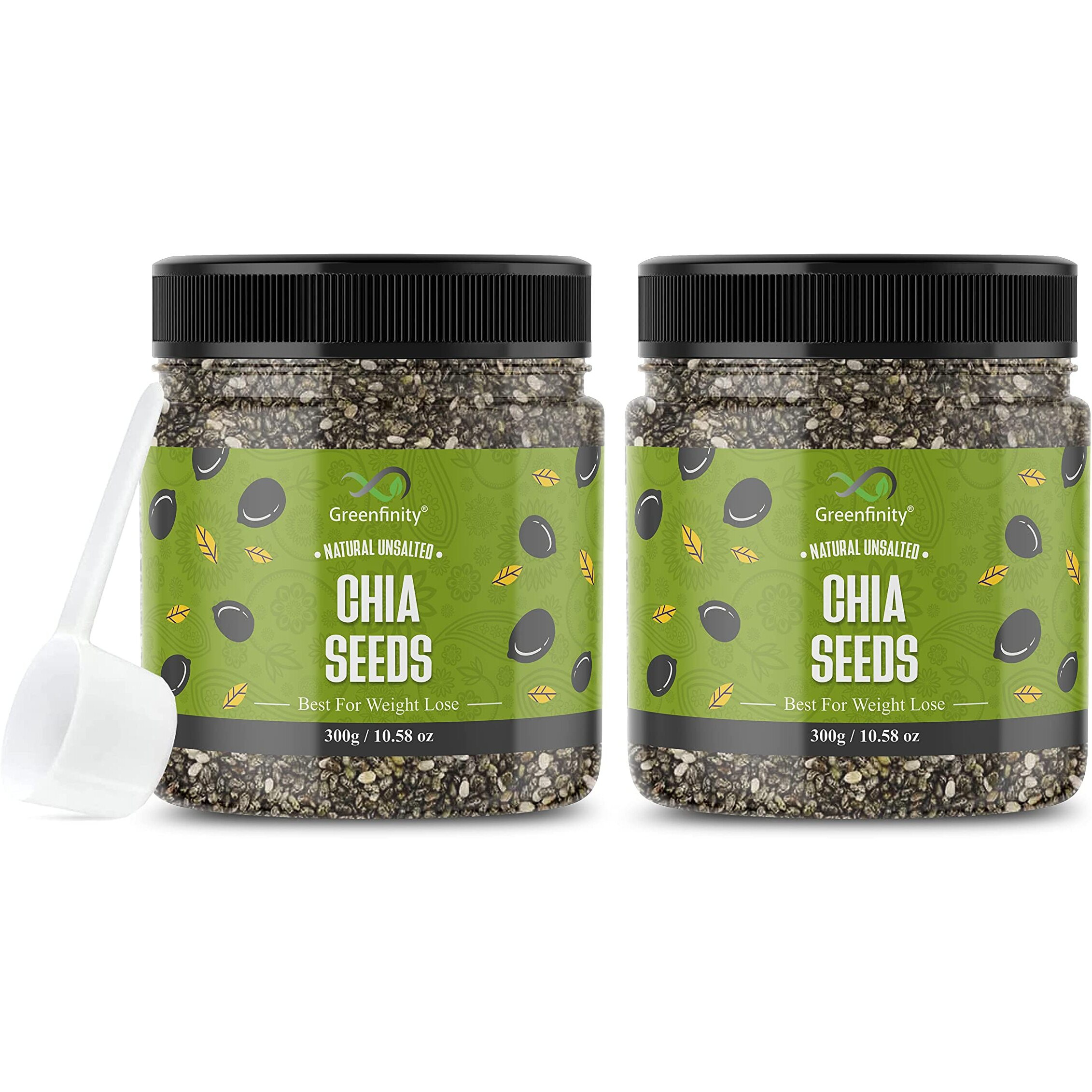 GreenFinity Premium Chia Seeds 300g+300g - Raw Chia Seeds With Omega 3 & Fibre for Weight Loss management, Healthy Snack for Eating [Jar Pack of 2].