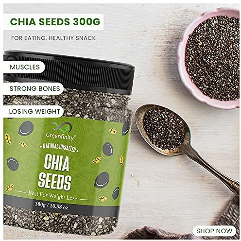 GreenFinity Premium Chia Seeds 300g+300g - Raw Chia Seeds With Omega 3 & Fibre for Weight Loss management, Healthy Snack for Eating [Jar Pack of 2].