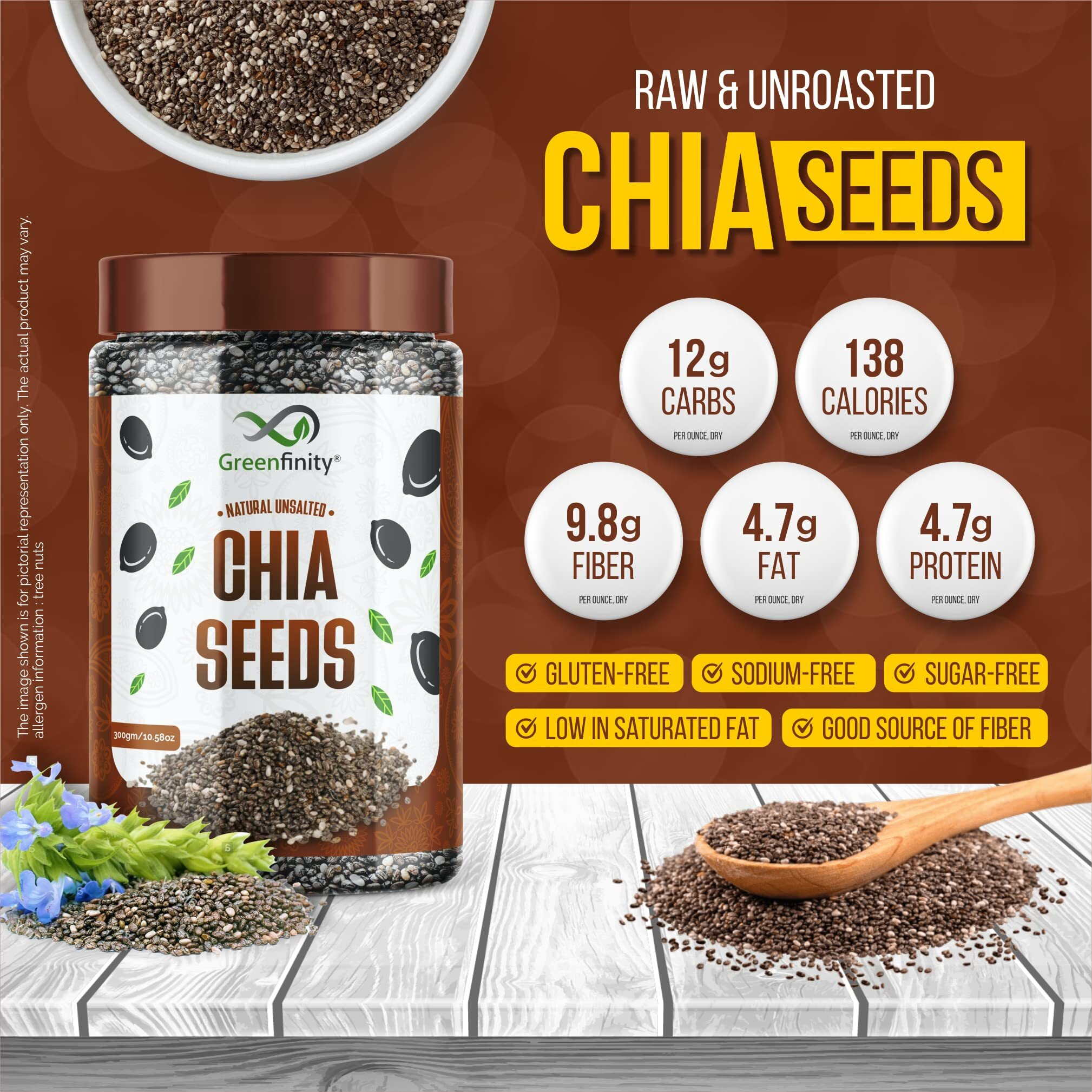 GreenFinity Premium Chia Seeds 300g+300g - Raw Chia Seeds With Omega 3 & Fibre for Weight Loss management, Healthy Snack for Eating [Jar Pack of 2].