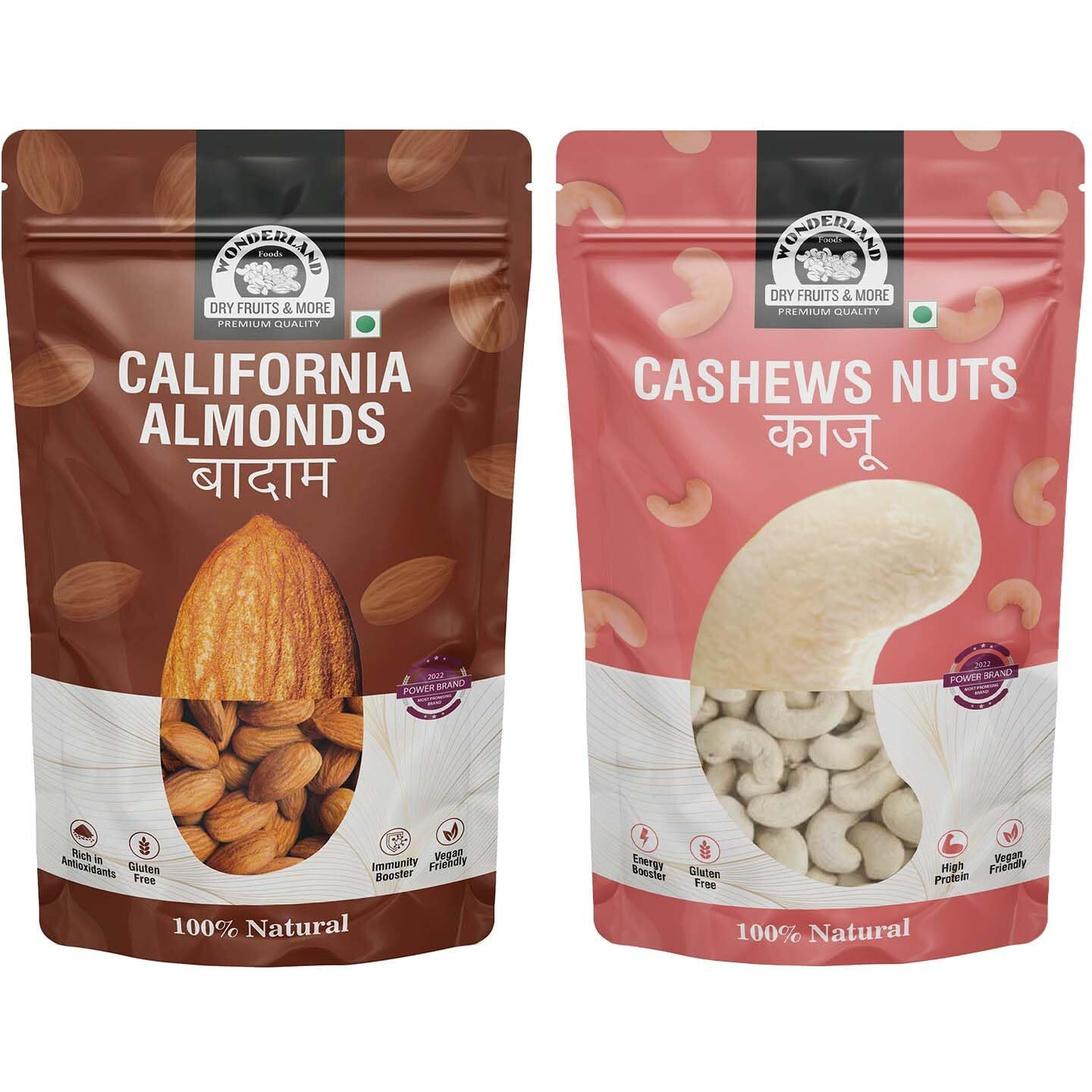 WONDERLAND FOODS (DEVICE) California Almonds & Whole Raw Cashew (Kaju) W320-Grade | 1Kg (500g X 2) Combo Pack