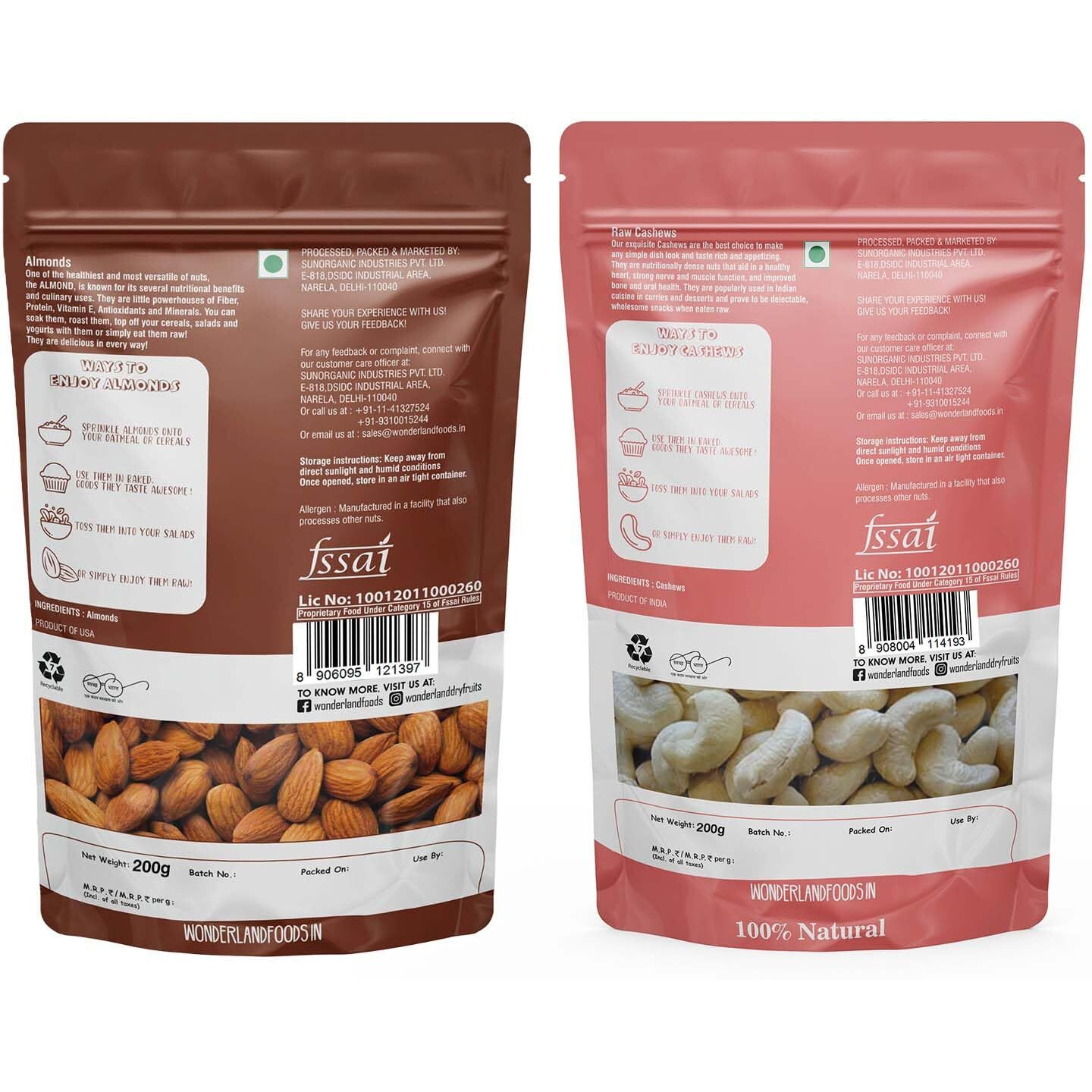 WONDERLAND FOODS (DEVICE) California Almonds & Whole Raw Cashew (Kaju) W320-Grade | 1Kg (500g X 2) Combo Pack