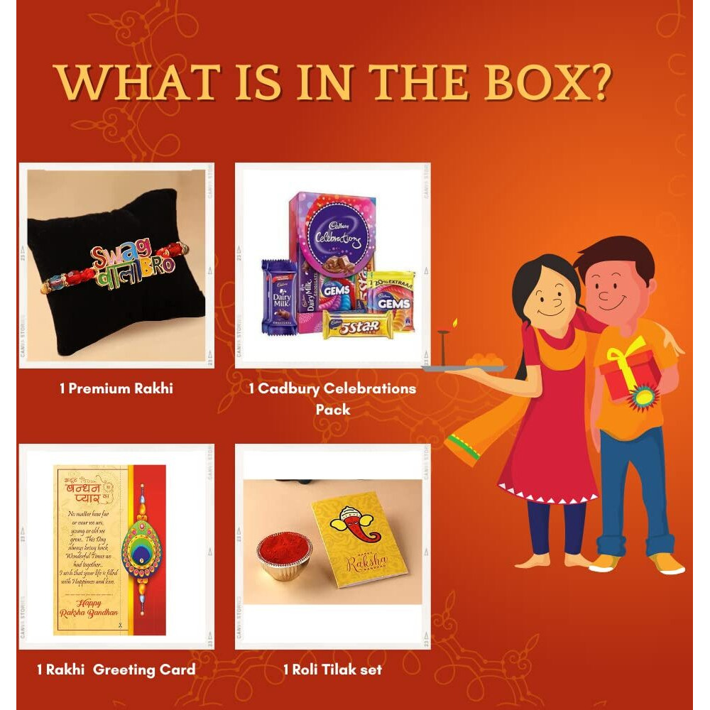 CraftVatika Rakhi Gift for Brother with Chocolate, Designer Rakhi Set of 1 for Brother Boy Kids with Chocolate Gift Combo, Swag Wala Bro Rakhi with Cadbury Celebration Chocolate,