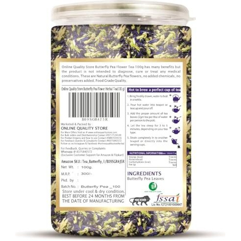 Online Quality Store Organic Butterfly Pea Flower Tea-100g | 100% Natural Herbal Tea | Blue Pea Tea | Steep as Hot or Iced Tea