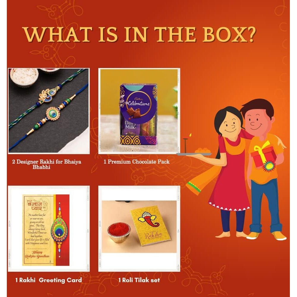 CraftVatika Rakhi Gift for Brother and Bhabhi With Chocolate Pooja Coin Combo| Mor Pankh Rakhi for Men Boy Bhaiya Girls |Cadbury Celebrations with Rakhi with Chocolate Gift Pack Rakhi Set of 2