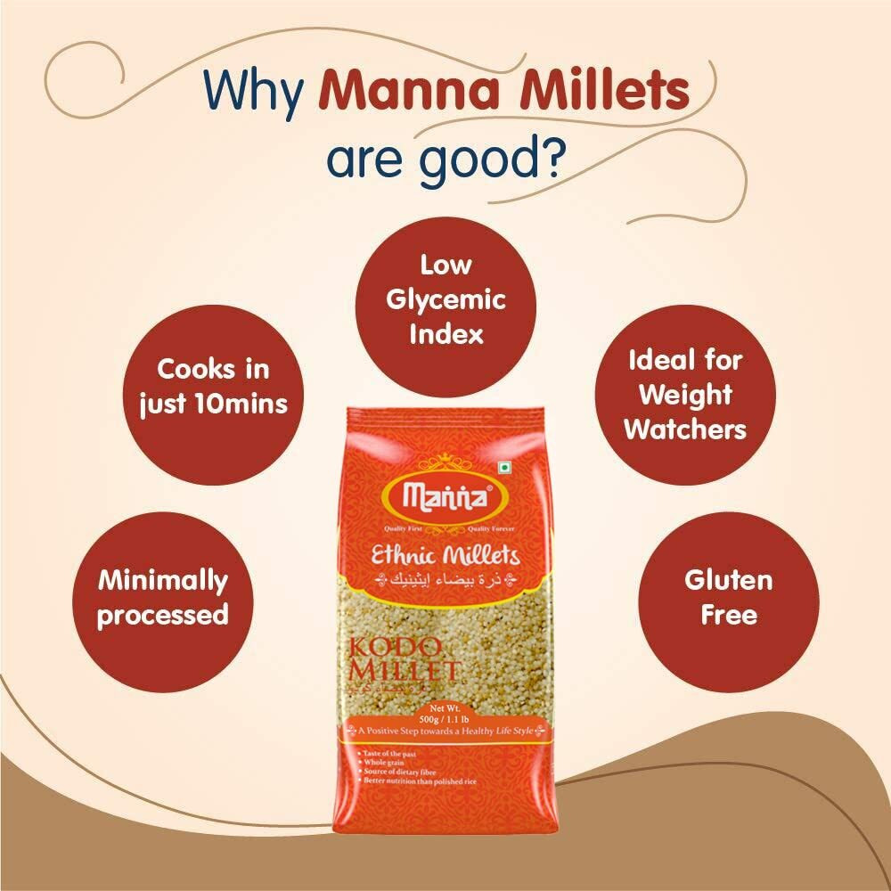Manna Kodo Millet (Unpolished) | Kodri | Natural Grains 1kg (500g x 2 Packs) - (Kodra/Varagu/Arikelu/Hark/Varigu) | Native Low GI Millet Rice | High Protein & 100% More Fibre than Rice