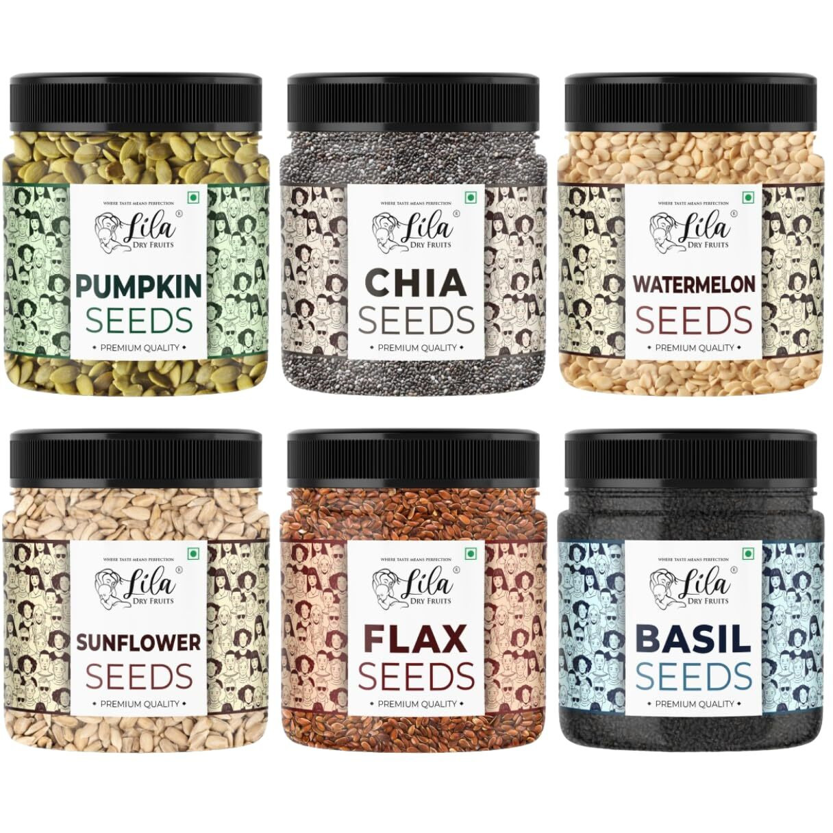LILA DRY FRUITS 6 Superseed Combo (Basil, Chia, Sunflower, Watermelon, Pumpkin & Flax) 6 x 250 Gms Jar Pack | Healthy Combo for Immunity and Weight Loss | Mix Seeds for Diet | Superfood Snacks
