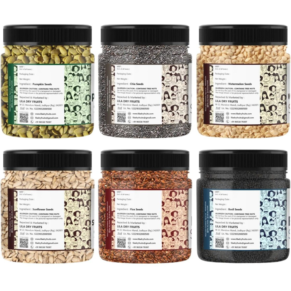 LILA DRY FRUITS 6 Superseed Combo (Basil, Chia, Sunflower, Watermelon, Pumpkin & Flax) 6 x 250 Gms Jar Pack | Healthy Combo for Immunity and Weight Loss | Mix Seeds for Diet | Superfood Snacks