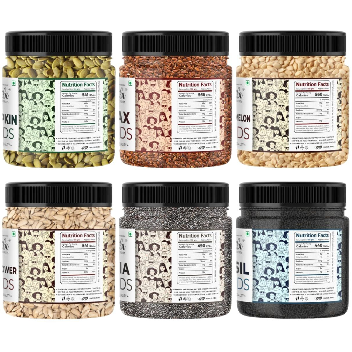 LILA DRY FRUITS 6 Superseed Combo (Basil, Chia, Sunflower, Watermelon, Pumpkin & Flax) 6 x 250 Gms Jar Pack | Healthy Combo for Immunity and Weight Loss | Mix Seeds for Diet | Superfood Snacks