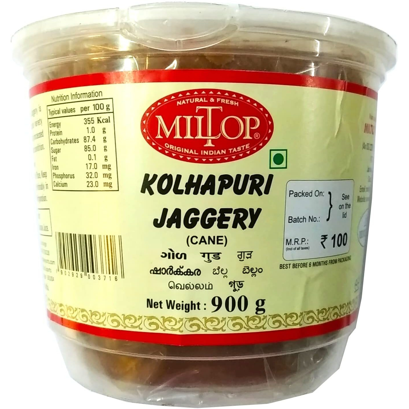 Miltop Jaggery - Kolhapuri, 1800 g(pack of 2 900gm each)