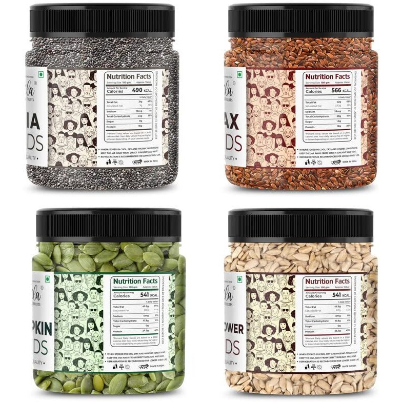 LILA DRY FRUITS 4 Superseed Combo (Chia, Pumpkin, Sunflower & Flax) 500gms each (2kgs total) Jar Pack |Immunity combo for Weight Loss | Mix Seeds for Eating | Diet Snacks | Superfood
