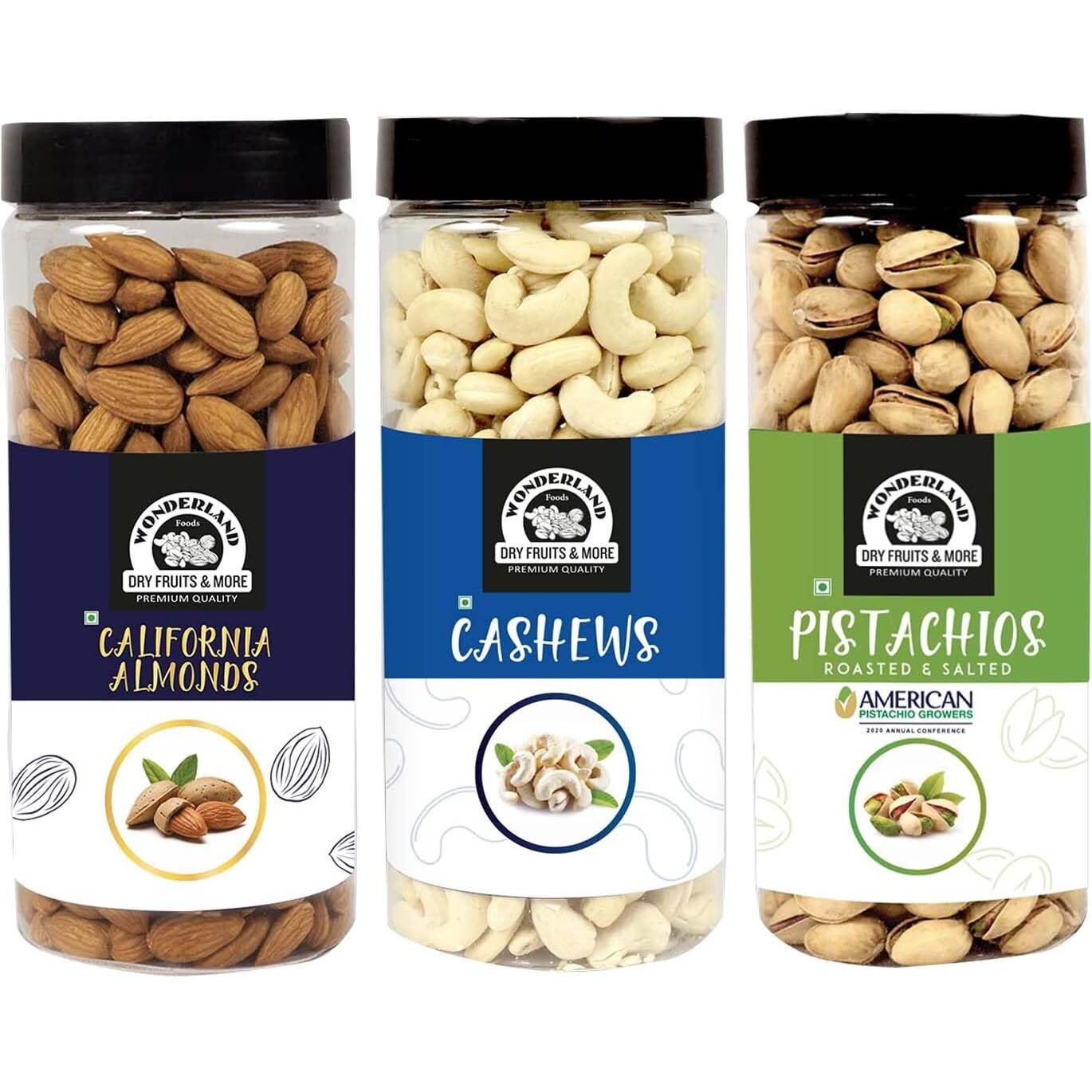 WONDERLAND FOODS Premium Dry Fruits Combo Pack of Almonds (NP), Cashews (W-320) & Pista (500g Each), 1.5 Kg (Jar)