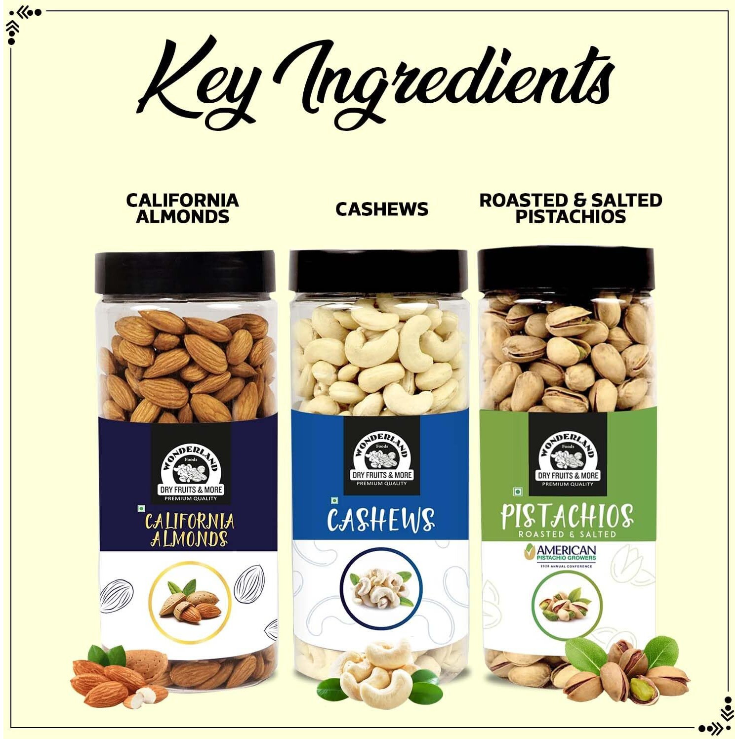 WONDERLAND FOODS Premium Dry Fruits Combo Pack of Almonds (NP), Cashews (W-320) & Pista (500g Each), 1.5 Kg (Jar)