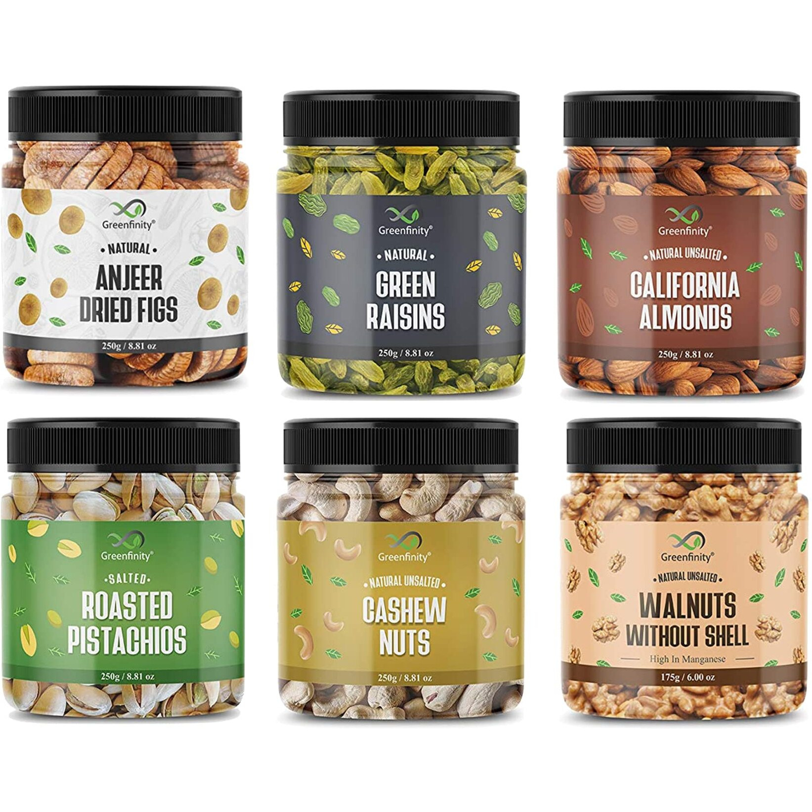 GreenFinity Dry Fruits Combo Pack - 1.425g (Almonds, Cashews, Pistachios, Raisins, Anjeer - 250g, Walnuts Without Shells - 175g) - All Premium.
